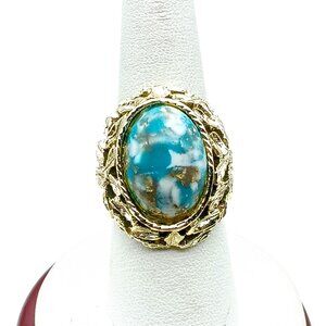 Vintage Adjustable Robins Egg Ring with Large Faux Turquoise Fluss Cabochon
